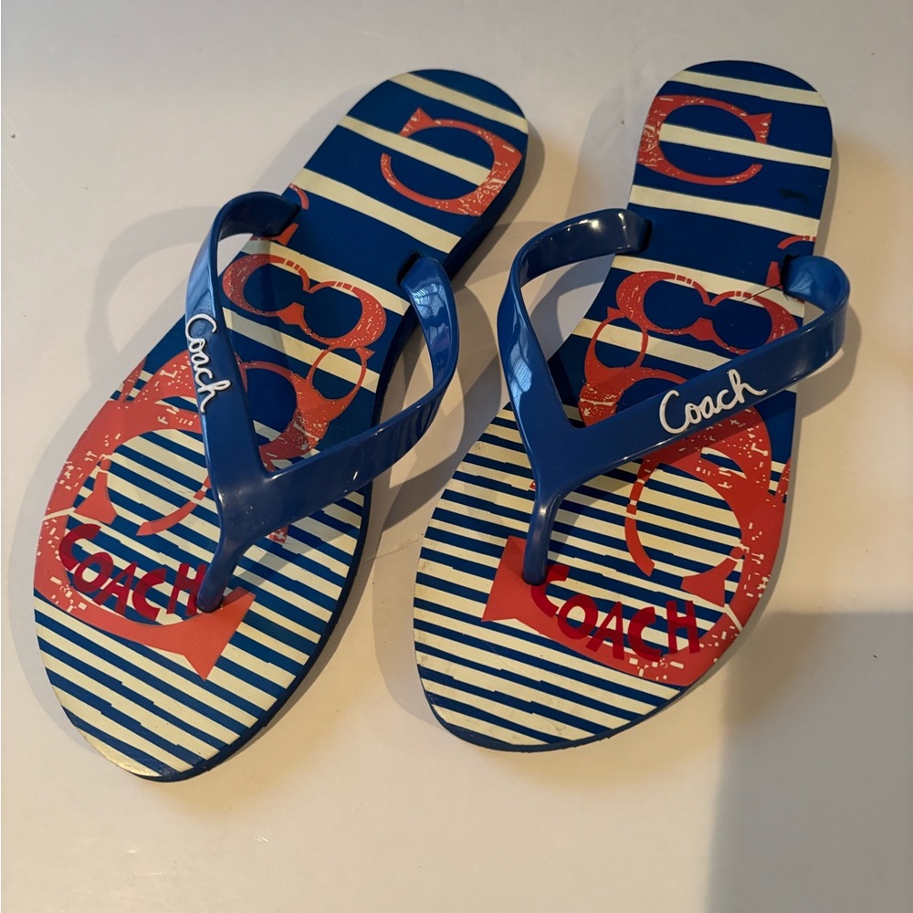 Coach KALI Sz 7 Striped Blue and Red Flip Flops